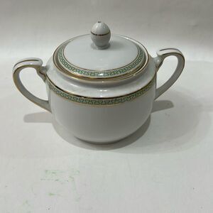 Heinrich H & Co Bavaria Sugar Bowl & Lid White Green Gold Trim 6 In X 4 3/4 In